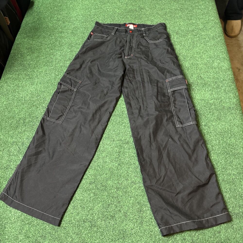 Vintage 90s Y2K Kik Wear Black Baggy Wide Leg Cargo Rave Pants Fits Size 32 USA